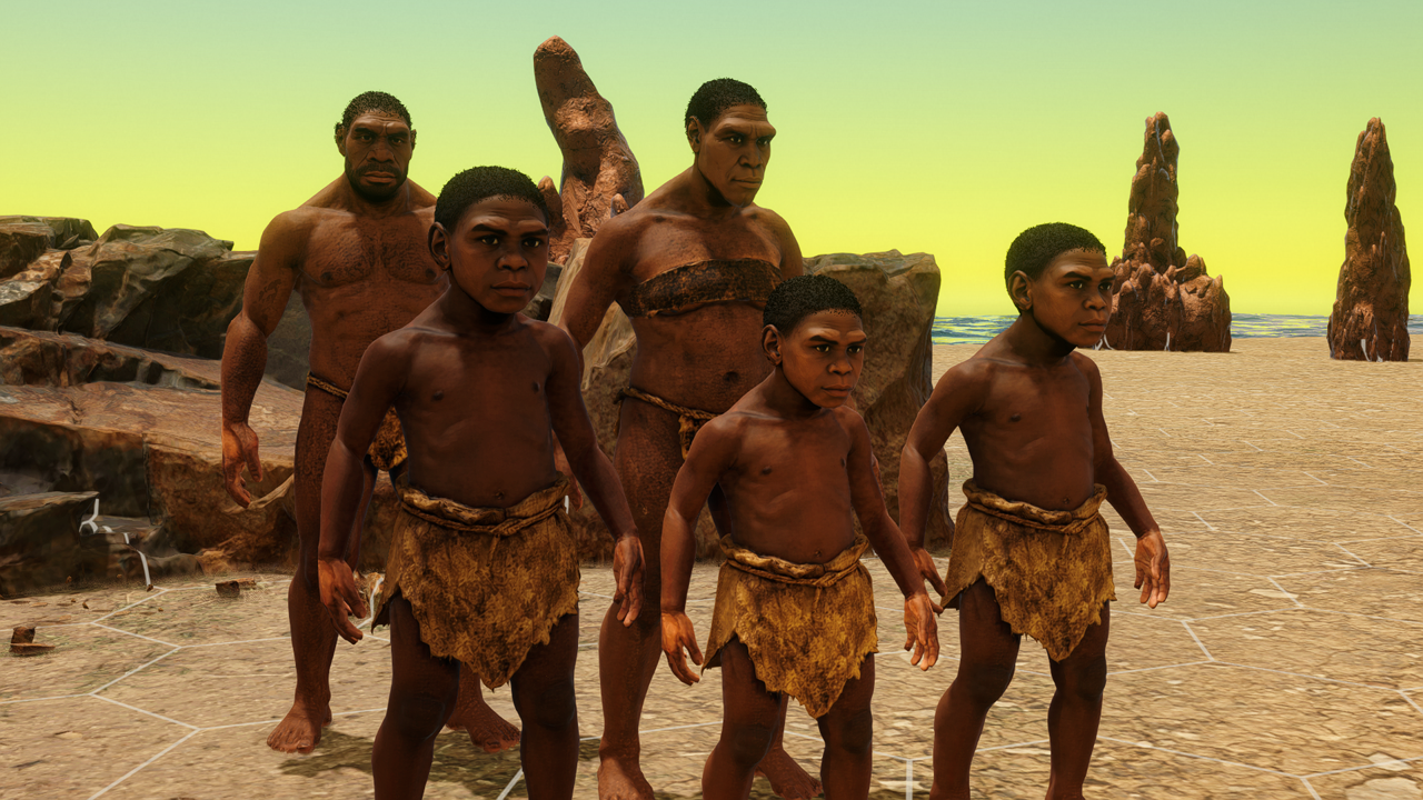 A Homo erectus mother with the tribe's children.