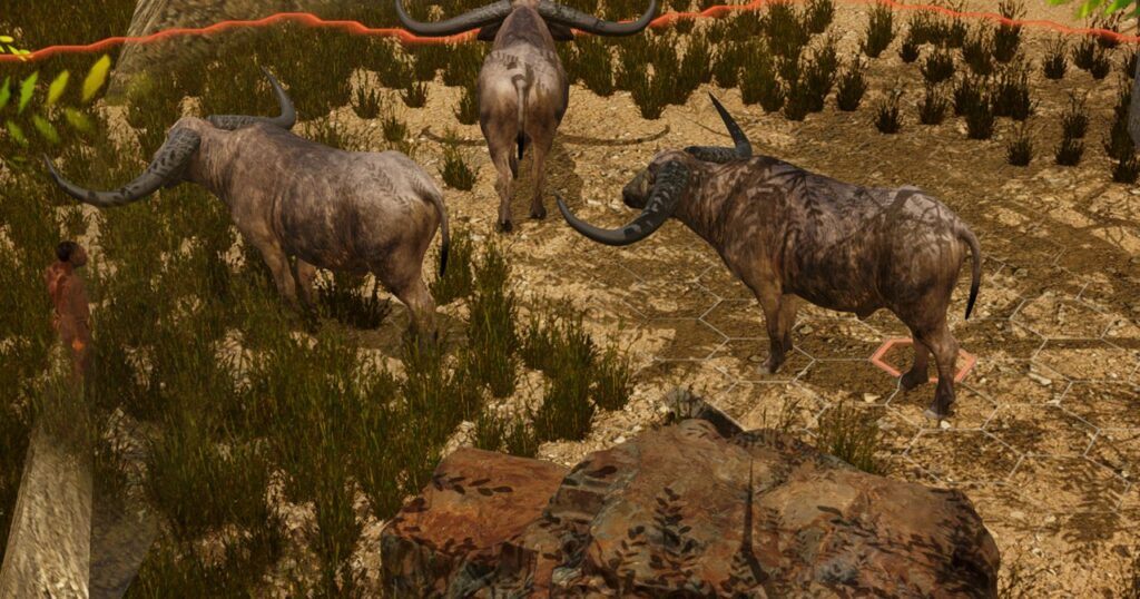 A Pelorovis herd in its threat stance on the savanna