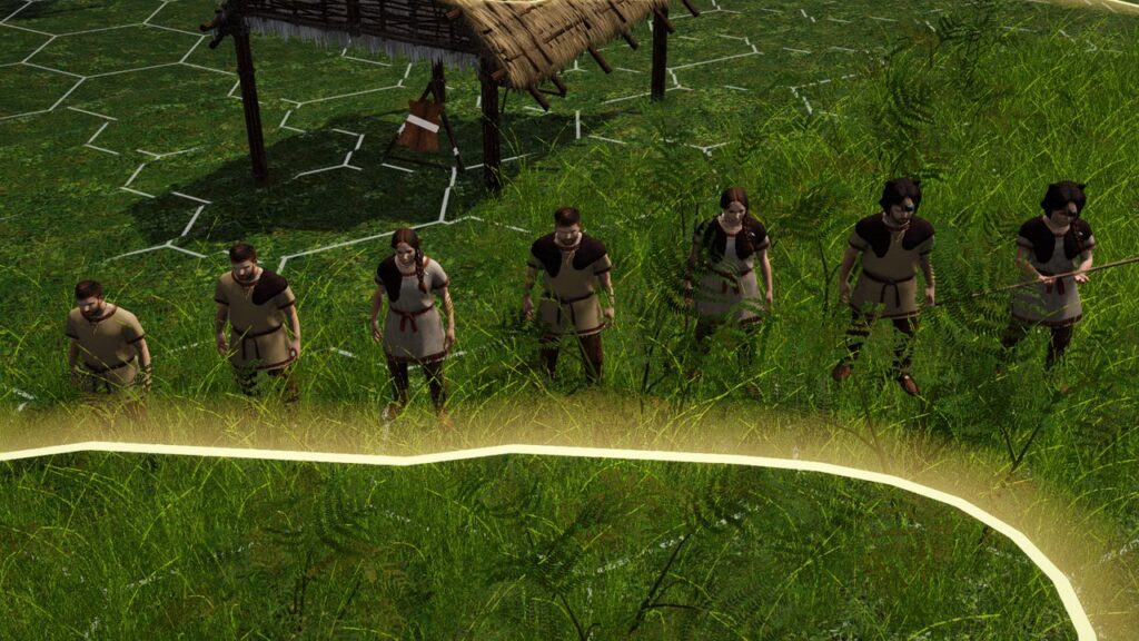 Villagers in undyed flax, the veterans in bear pelts