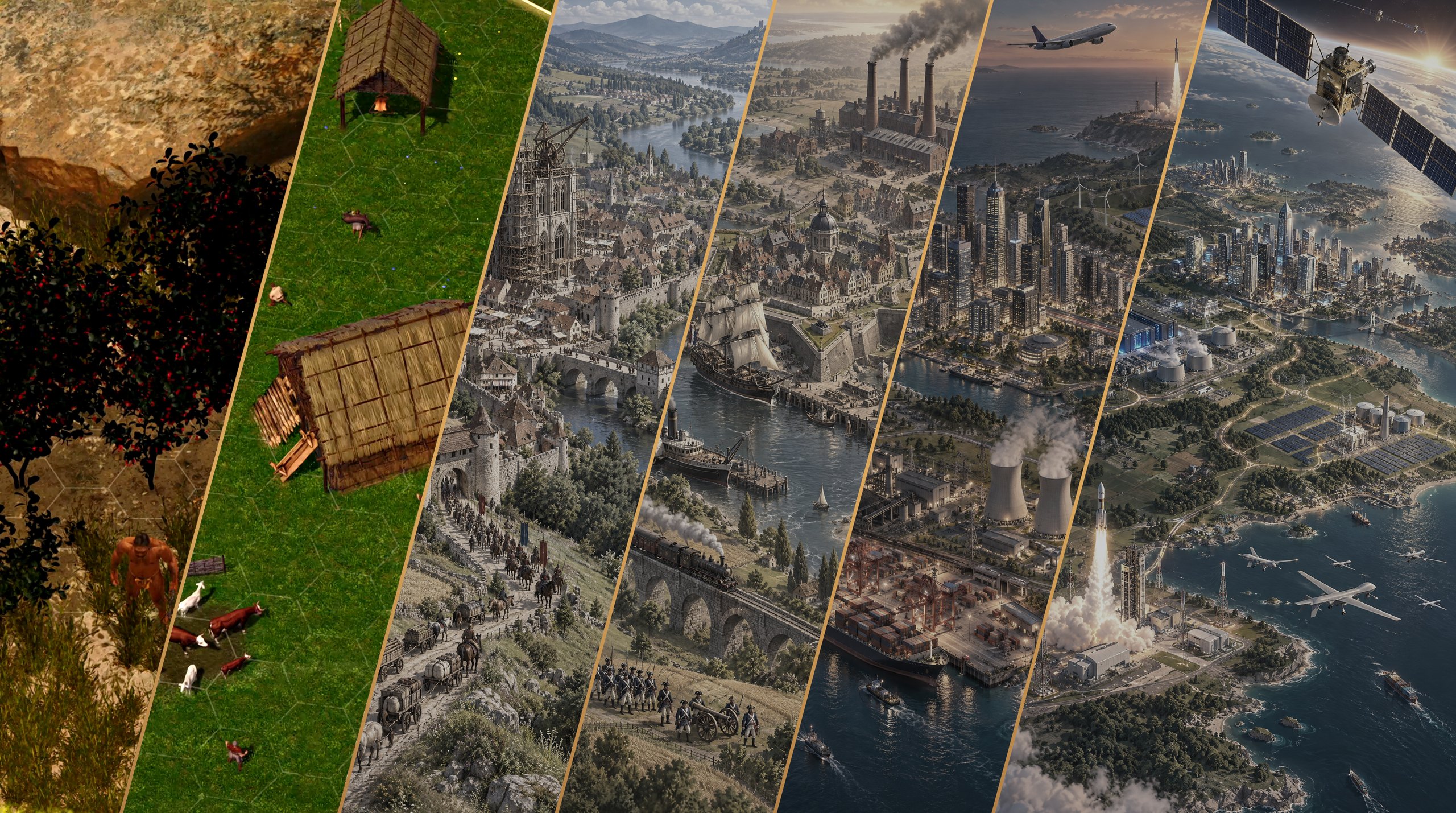 The six ages of Humanity Ascends, from the stone age to the space age